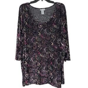 Catherine’s Purple & Black Floral Velvet Burnout 3/4 Sleeve Top 3X Whimsigoth